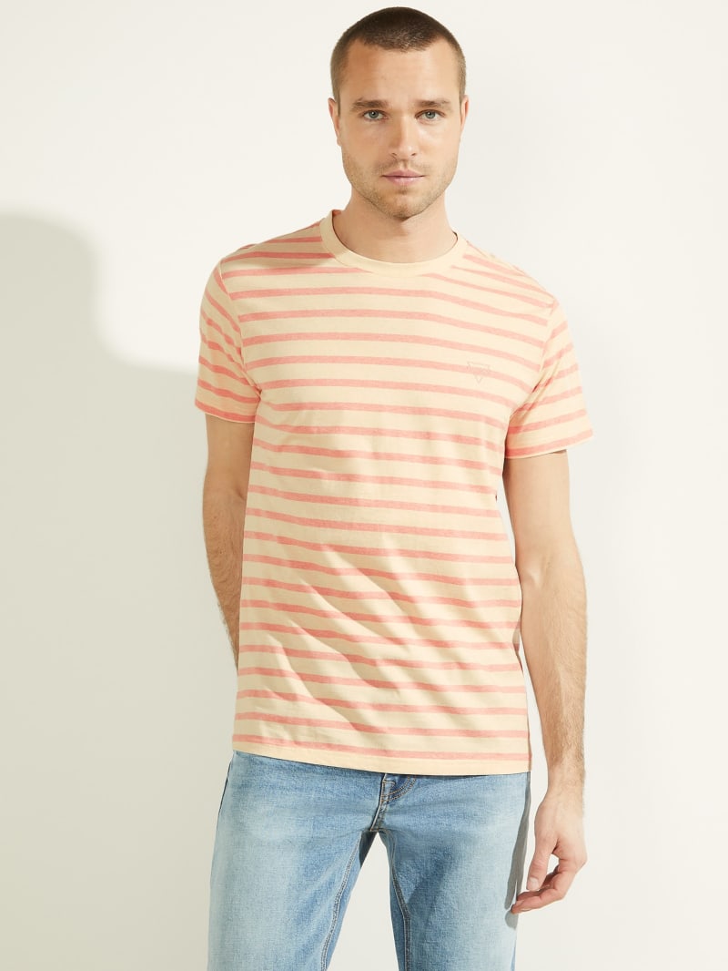 Koszulki Męskie Guess Finn Pique Striped Tee Różowe | 4891320-XS