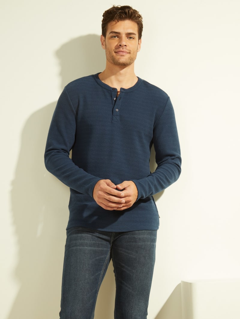 Koszulki Męskie Guess Vista Textured Henley Niebieskie | 9021856-GQ