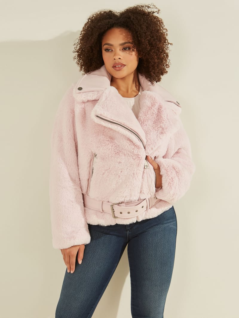 Płaszcze Damskie Guess Frida Faux-Fur Motocyklowe Różowe | 5138492-SQ