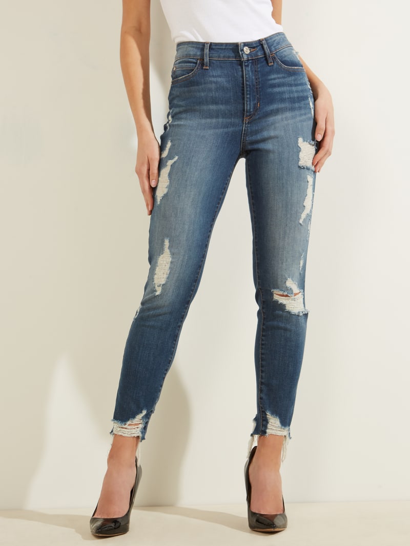 Spodnie Damskie Guess 1981 Destroyed High-Rise Skinny Niebieskie | 2865439-UN