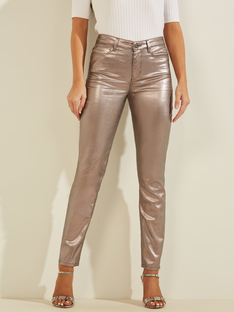 Spodnie Damskie Guess Metallic 1981 Skinny Platyna | 9032768-AQ