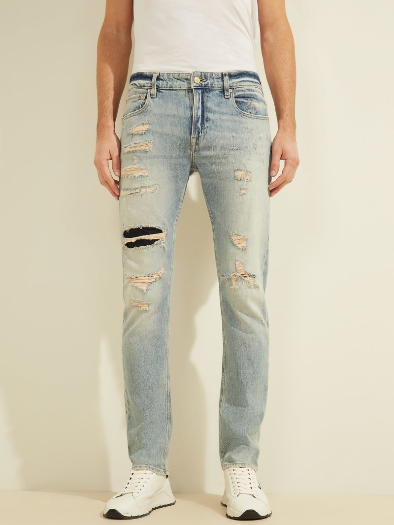 Spodnie Męskie Guess Distressed Slim Taper Głęboka Niebieskie | 2307859-VM