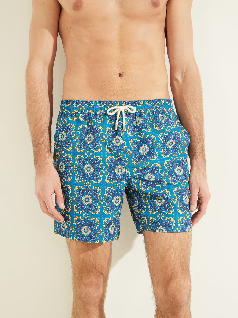 Stroje Kąpielowe Męskie Guess Mosaic Swim Trunks Niebieskie | 2984570-AU