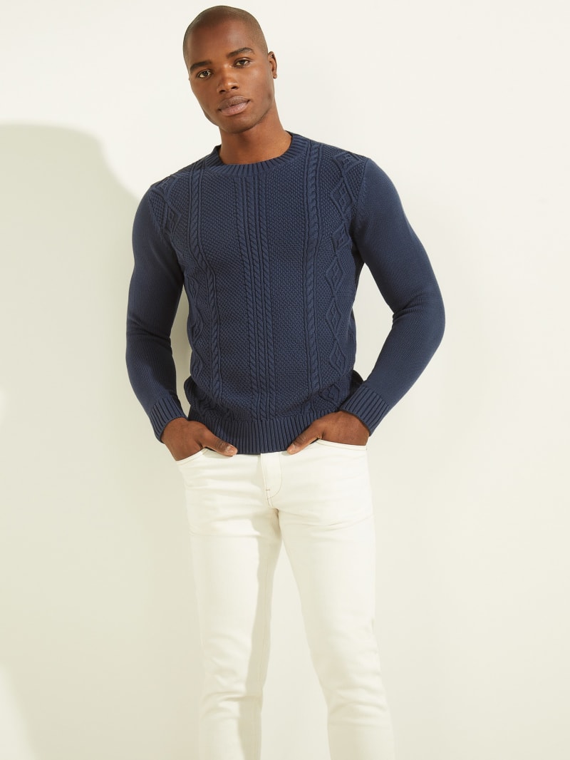 Swetry Męskie Guess Cable-Knit Crewneck Niebieskie | 0154739-IF