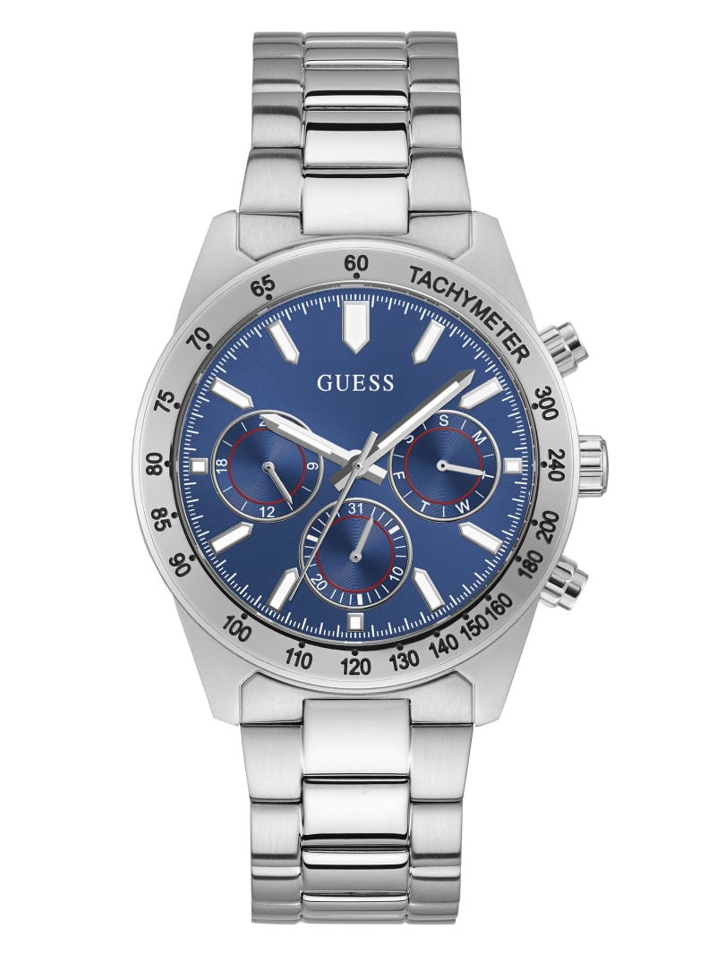 Zegarek Męskie Guess Silver-Tone And Blue Tachymeter Srebrne | 0895372-HQ