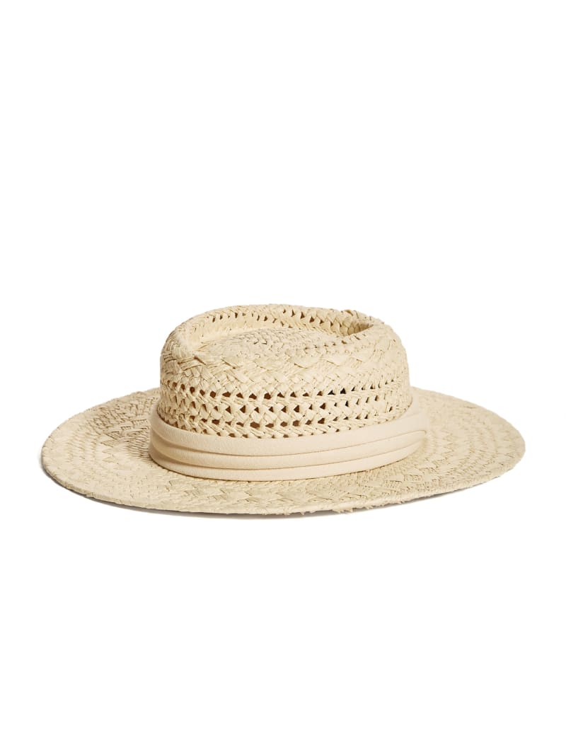 Czapki Damskie Guess Reya Szerokie-Brim Straw Beżowe | 4530268-HB