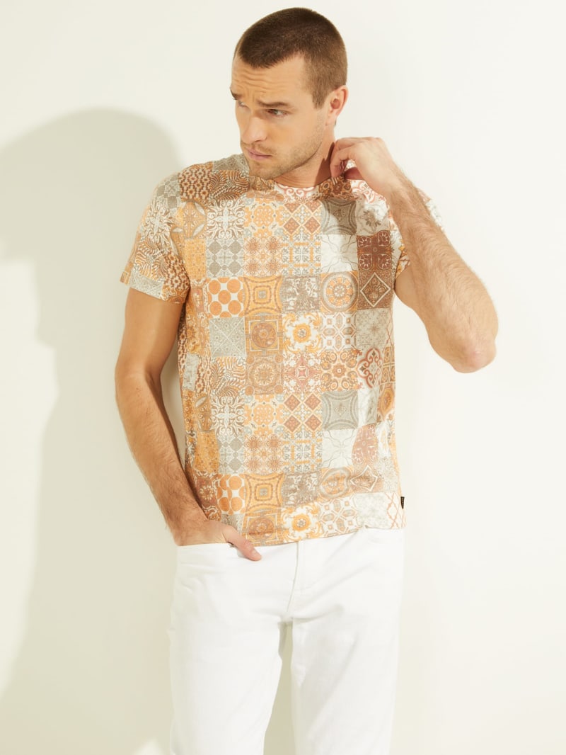 Koszulki Męskie Guess Eco Mosaic Linen Tee Kolorowe | 9234815-LH