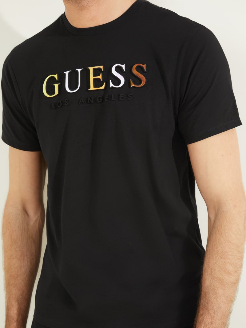 Koszulki Męskie Guess Embossed Logo Tee Czarne | 9012345-PI