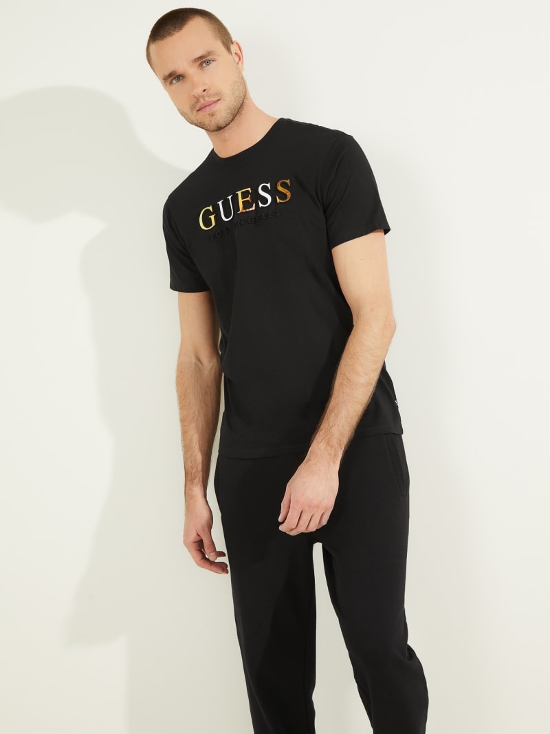 Koszulki Męskie Guess Embossed Logo Tee Czarne | 9012345-PI