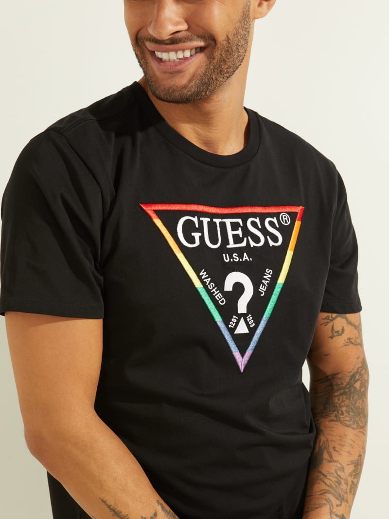 Koszulki Męskie Guess Embroidered Rainbow Logo Tee Czarne | 8074561-IP