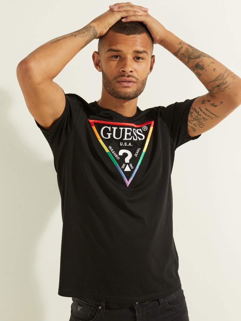 Koszulki Męskie Guess Embroidered Rainbow Logo Tee Czarne | 8074561-IP