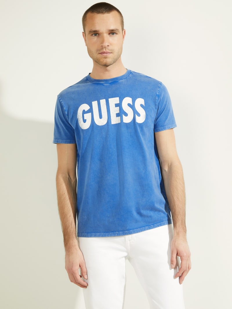 Koszulki Męskie Guess Logo Beach Tee Niebieskie | 0241376-YM