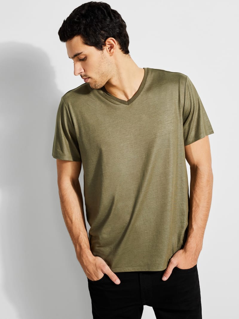 Koszulki Męskie Guess Mason Yoke V-Neck Tee Oliwkowe | 9830267-DP