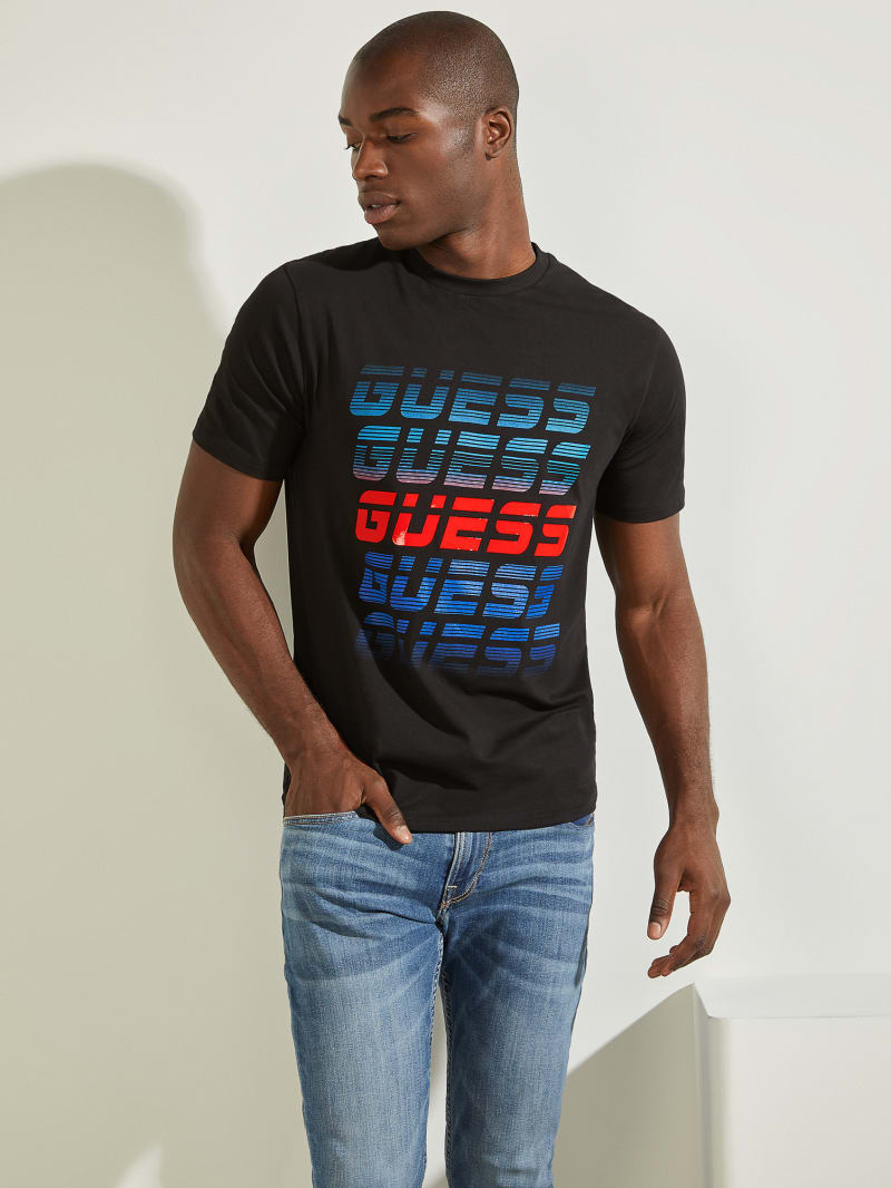 Koszulki Męskie Guess Repeat Logo Tee Czarne | 3014256-GK