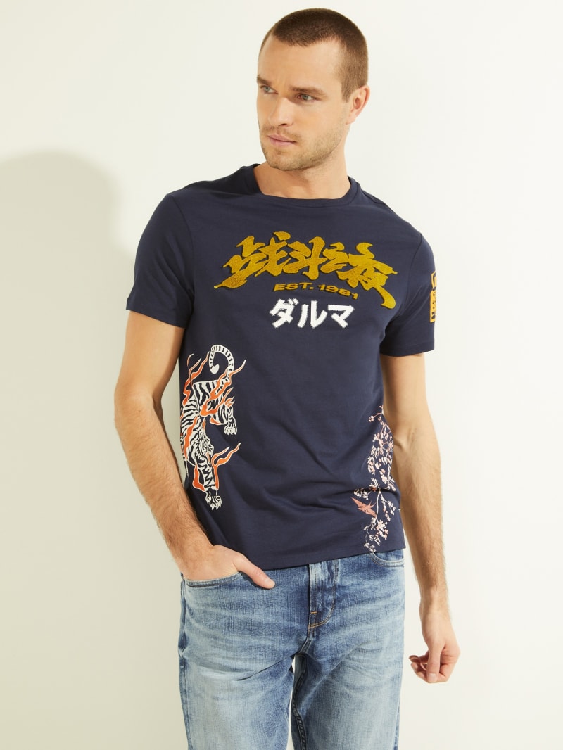 Koszulki Męskie Guess Tiger Blossom Tee Niebieskie | 9635207-UW