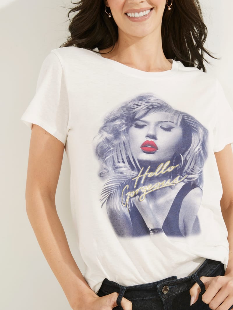 Najfatalniejszy Damskie Guess Hello Gorgeous Tee Białe | 9087631-YG