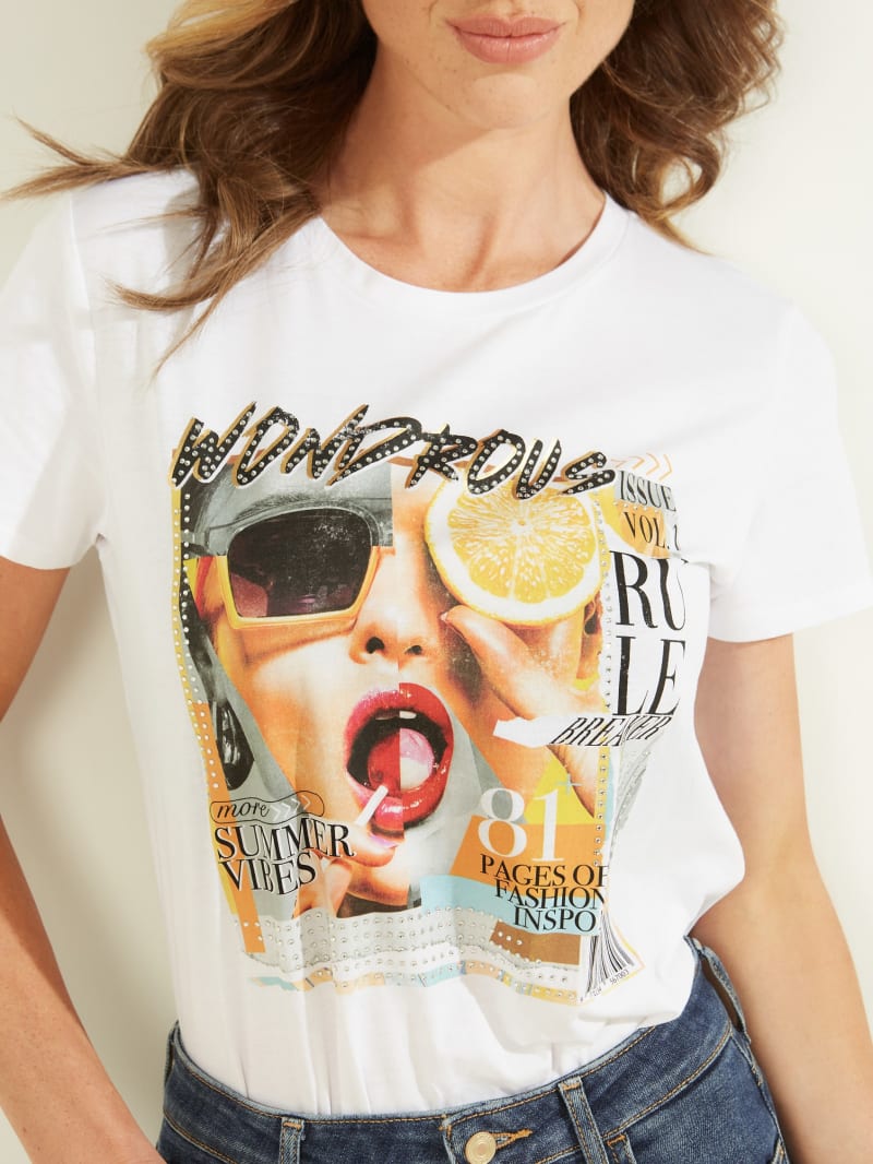 Najfatalniejszy Damskie Guess Wondrous Magazine Graphic Tee Białe | 1638407-VJ