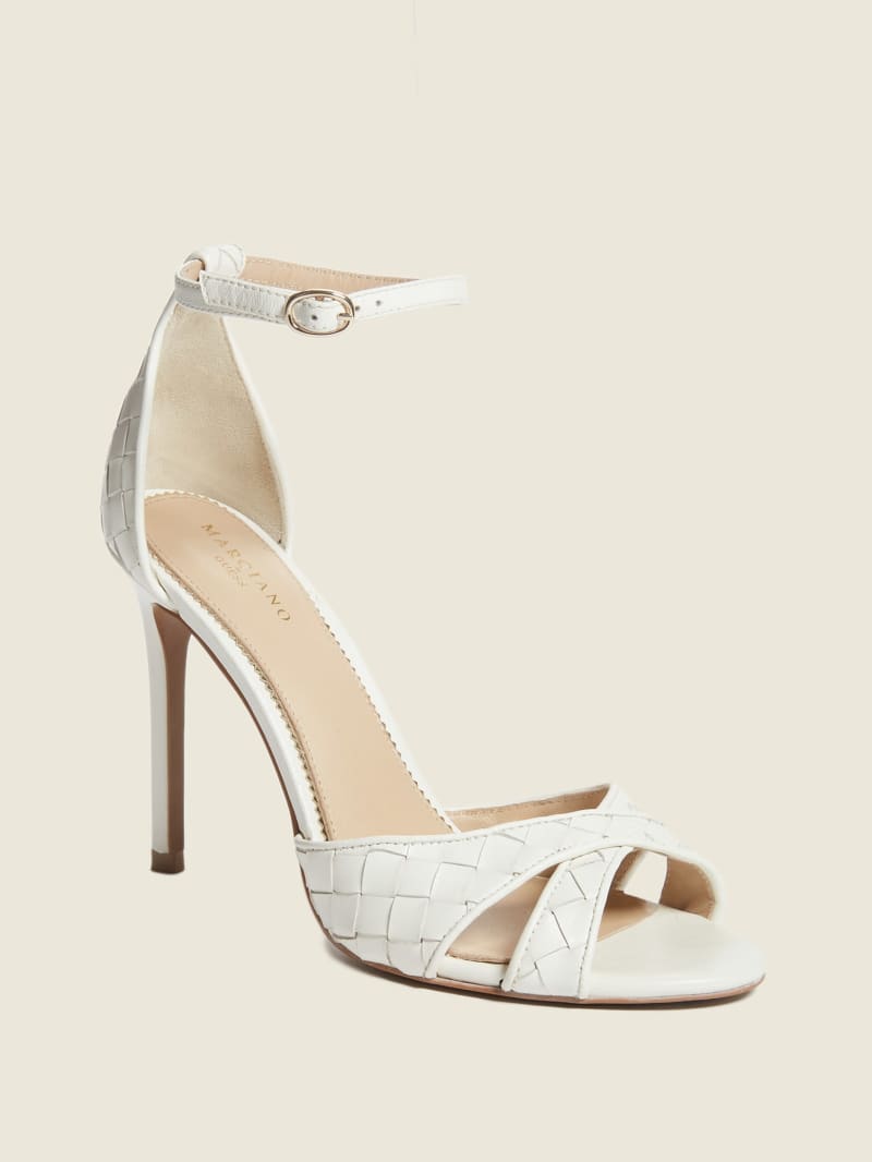 Sandały Damskie Guess Abieli Woven Skórzane Stiletto Białe | 8564317-EN