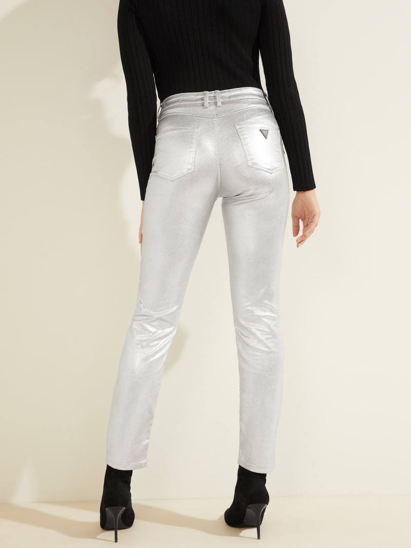 Spodnie Damskie Guess Metallic 1981 Skinny Srebrne | 9467382-XO