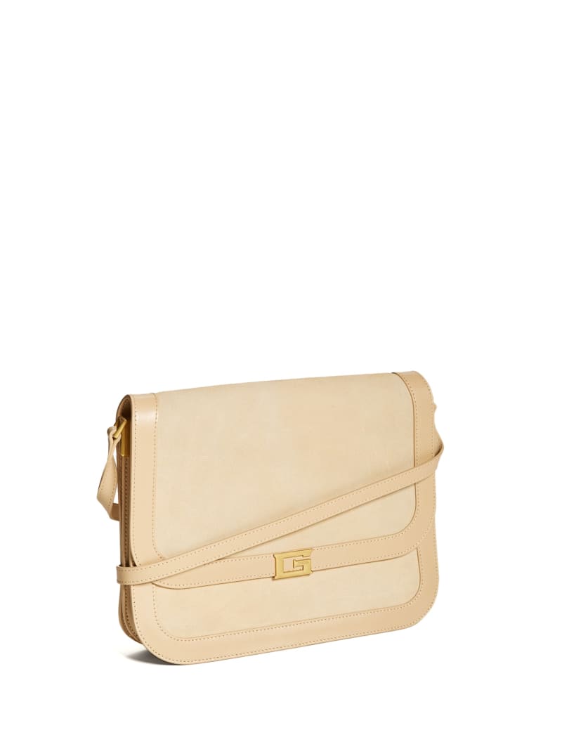 Torba Crossbody Damskie Guess Thea Medium Flap Skórzane Beżowe | 9724350-NP