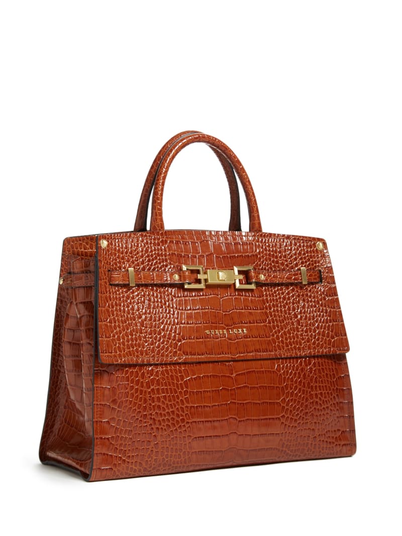 Torba Satchel Damskie Guess Cristina Croc Skórzane Brązowe | 9708163-YA