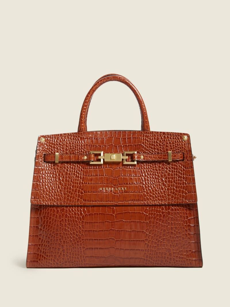 Torba Satchel Damskie Guess Cristina Croc Skórzane Brązowe | 9708163-YA