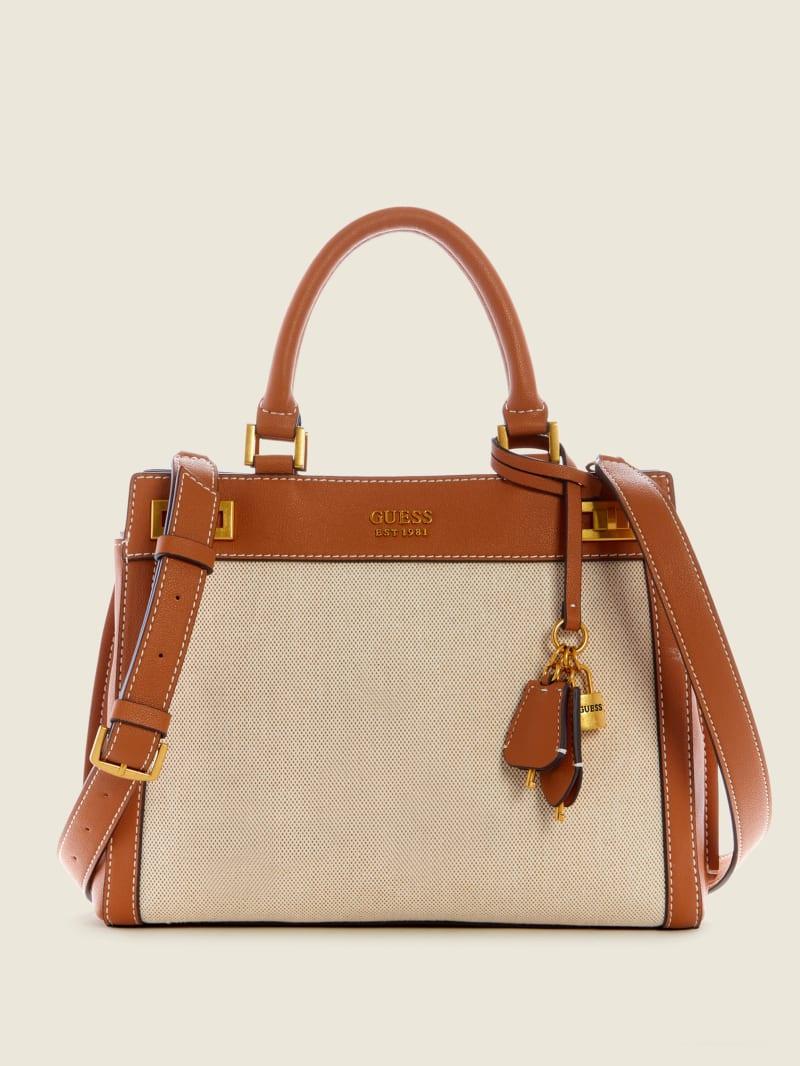 Torba Satchel Damskie Guess Katey Płócienne Luxury Brązowe | 3024861-XV