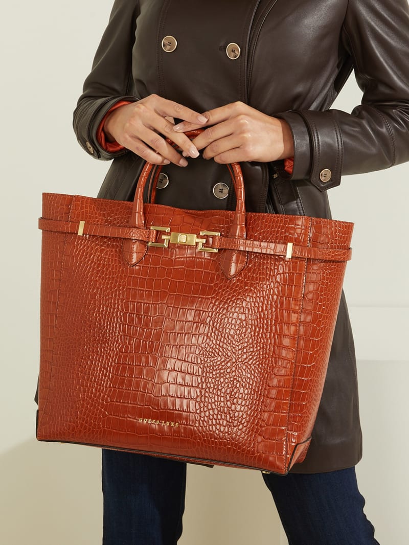 Torby Tote Damskie Guess Cristina Croc Skórzane Brązowe | 1259470-DM