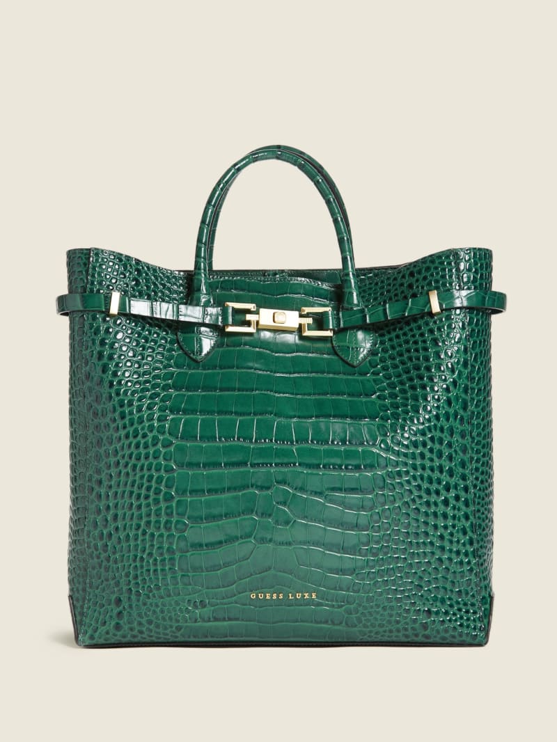 Torby Tote Damskie Guess Cristina Croc Skórzane Zielone | 8625970-ZP