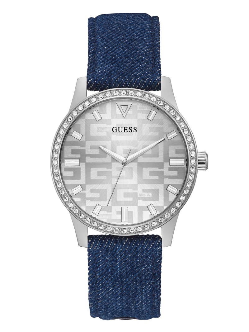 Zegarek Damskie Guess Silver-Tone and Denim Logo Analog Niebieskie | 5762194-NJ