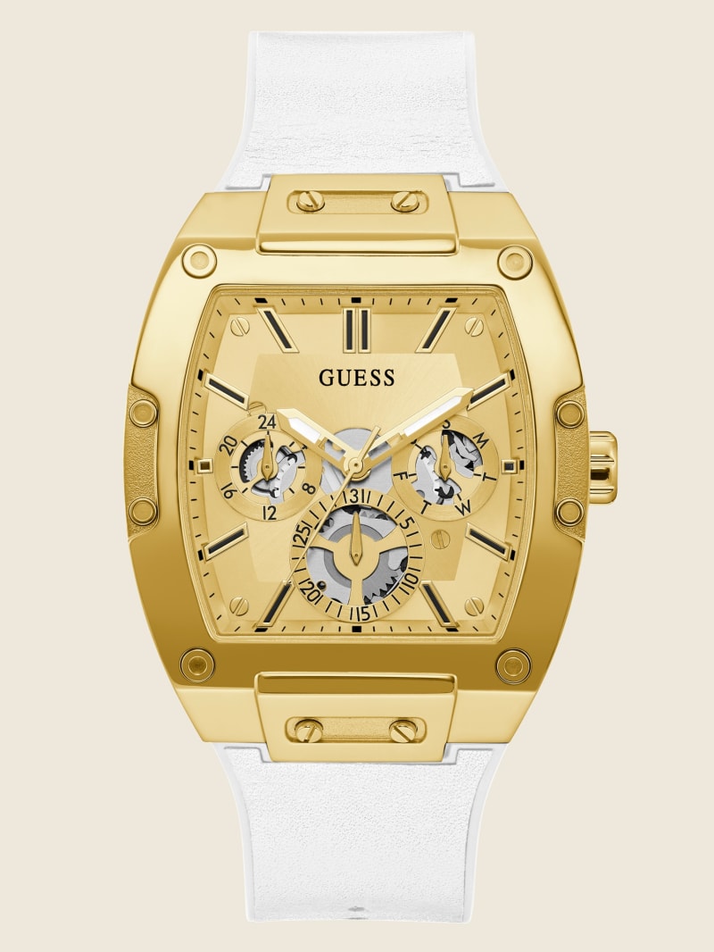 Zegarek Męskie Guess Gold-Tone and White Rectangular Wielofunkcyjny Białe | 7681459-DV